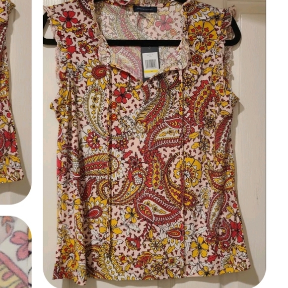 TOMMY HILFIGER PAISLEY RUFFLE SLEEVE FRONT TIE TASSELS TOP - Picture 2 of 14